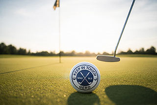 Offizielles Logo des 1. WHU x Bucerius Golf Day auf einem Golfball beim Putten. Das Turnierlogo zeigt die Initialen WHU und BLS sowie den Namen Gerd als Hommage an Gerd Bucerius.