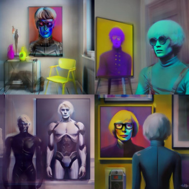 Wie sich die KI von Midjourney einen Roboter vorstellt, der Andy Warhol malt.