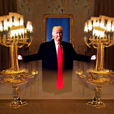 Stable Diffusion, Prompt: Donald Trump caricature with big Chanukah lamps at Mar-A-Lago interior