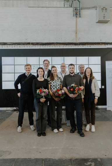 Zilkens Fine Art Academy Award 2025 at Positions Berlin.Front row the winning artists Kay-Lotte Pommer from Leipzig academy and Super Vivaz from Stuttgart academy. Photo Clara Wenzel-Theiler