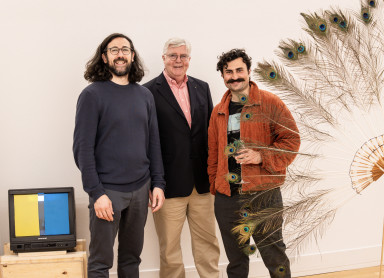 Anas Kahal and Majd Suliman – Artists in Exile with Stephan Zilkens at the exhibition opening in Cologne: Photo by Patric Prager